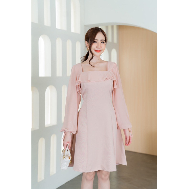 เดรสเเต่งเเขนชีฟองระบายอก ติดโบว์เเขน ป้าย modish - รูปที่ 6