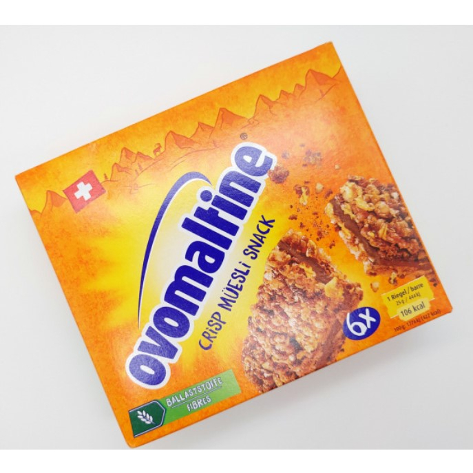 Ovomaltine Crisp Muesli Snack บาร์ธัญพืชรสช็อกโกแลต น้ำหนัก 150 กรัม 1 กล่องมี 6 ชิ้น