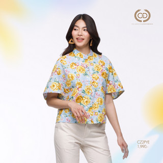 C&amp;D เสื้อผู้หญิง Cotton Blouse เสื้อเบลาส์ คอปกเชิ้ต แขนสั้น พิมพ์ลาย Honey Botanic (CZ2PYE)