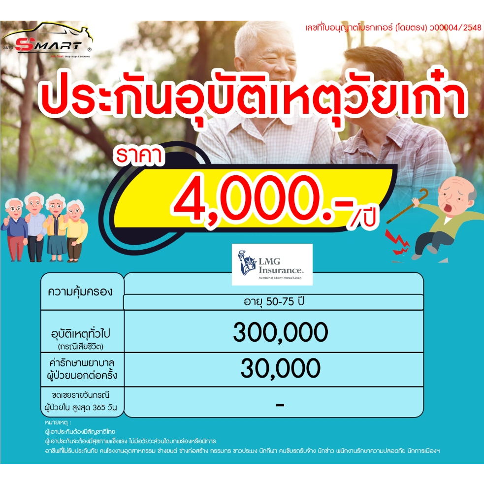 ประกันอุบัติเหตุสูงวัย เริ่มต้น 1,555.-ต่อปี ประกันอุบัติเหตุ วัยสูงอายุ วัยเก๋า  ราคาดี ไม่มีบวกเพิ่ม