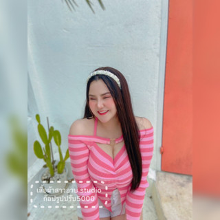 เสื้อสาวอวบ ไหมพรม แต่งแะไหล่ หัวใจ สีชมพู น่ารัก