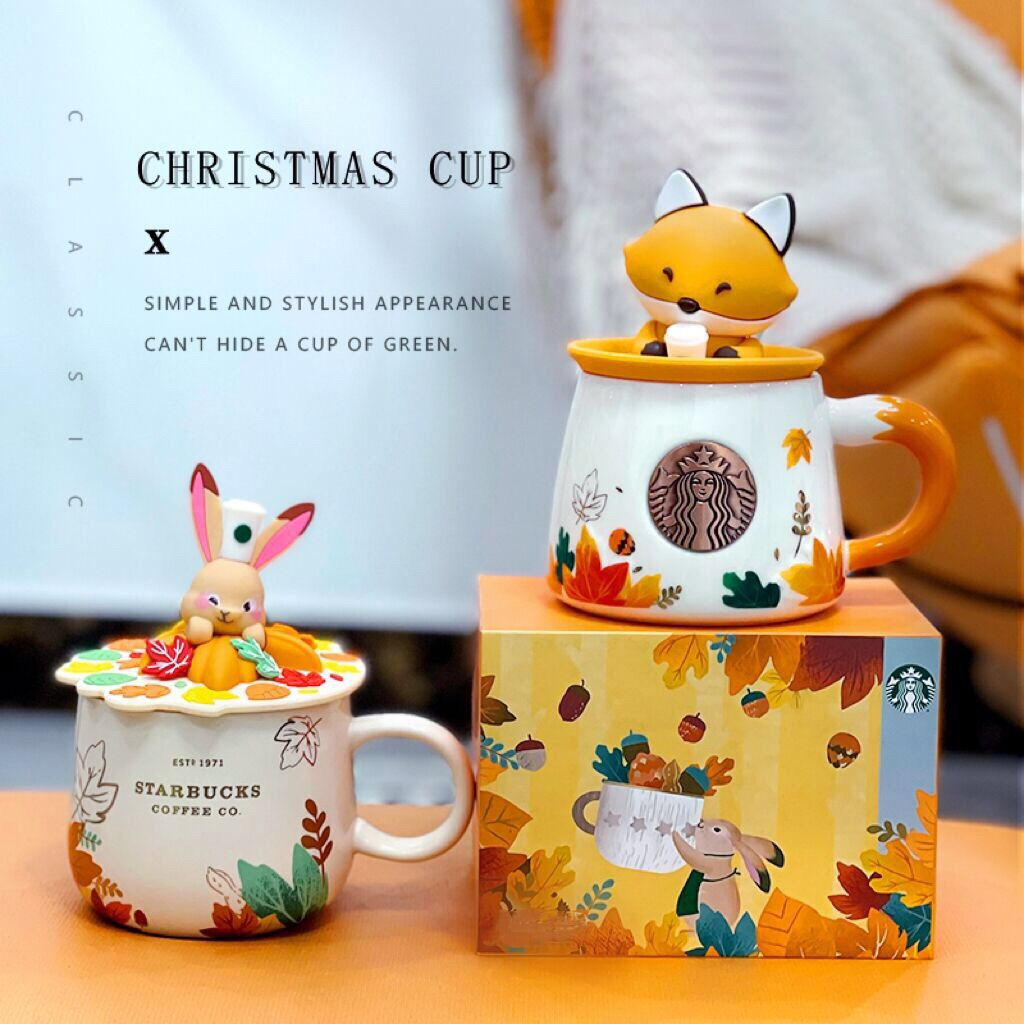 ราคาพิเศษ☕Starbucks แก้วกาแฟเซรามิค แก้วสตาร์บัคส์ แก้วมัค ลายใบเมเปิ้ลสุนัขจิ้งจอกน่ารัก พร้อมฝาปิด  ​ให้เป็นของขวัญได้