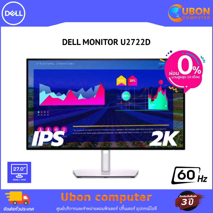 DELL MONITOR U2722D 27inch 2K (2560 x 1440) IPS 60Hz ประกันศูนย์ DELL 3 ปี