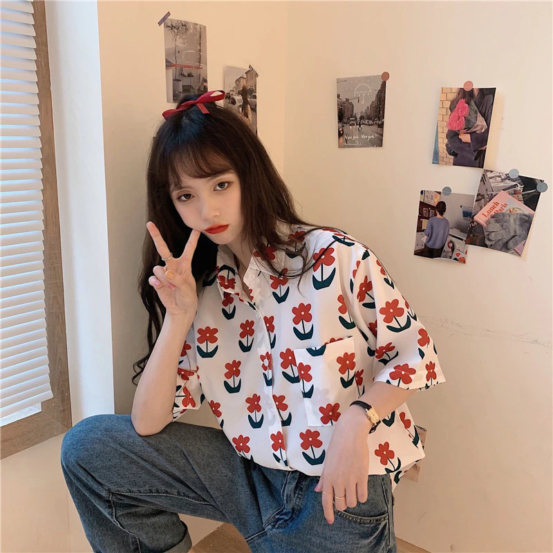 เสื้อเชิ้ตแขนสั้นคอปกผู้หญิง ลายดอกไม้สีแดง thumbnail 7
