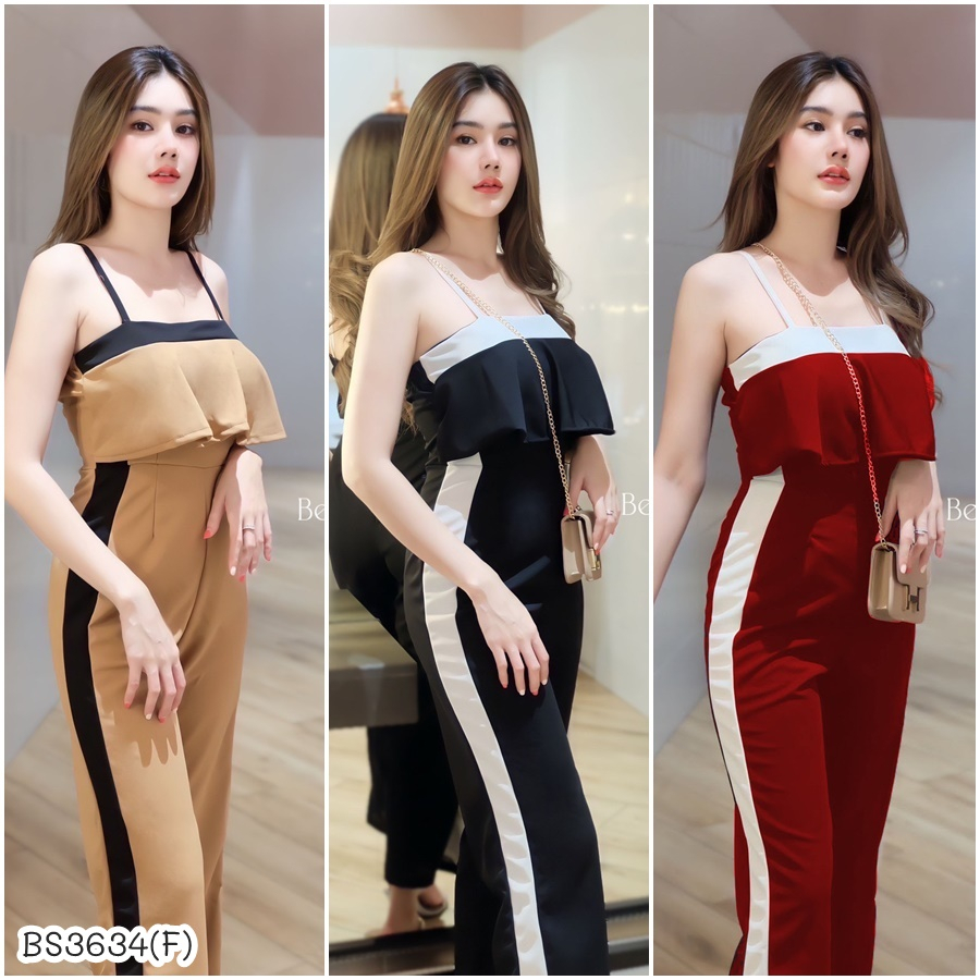 BS3634  จั้มสูทขายาว สายเดี่ยวอกแต่งระบาย ทูโทนสลับสี งานซิปหลัง