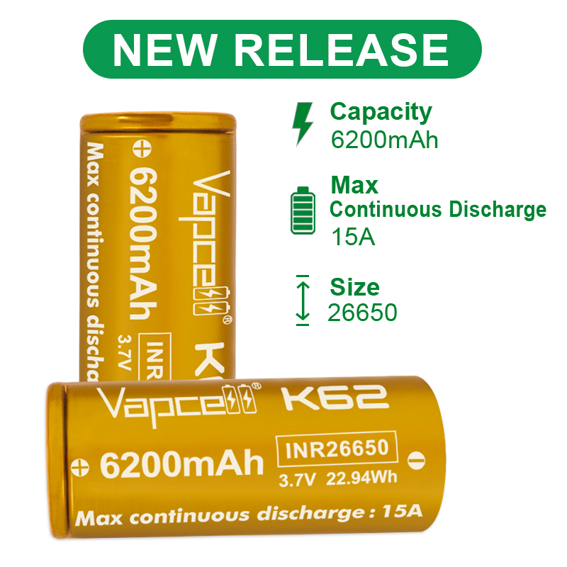 (มาใหม่ !!!) Vapcell  26650 K62 6200mAh 3.7V  ถ่านชาร์จสีทอง หัวแบน  จ่ายกระแส  15A /25A