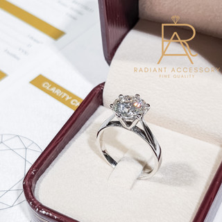 แหวนเงินแท้ ชุบทองคำขาว ฝังเพชร Moissanite 3 กะรัต พร้อมใบเซอร์