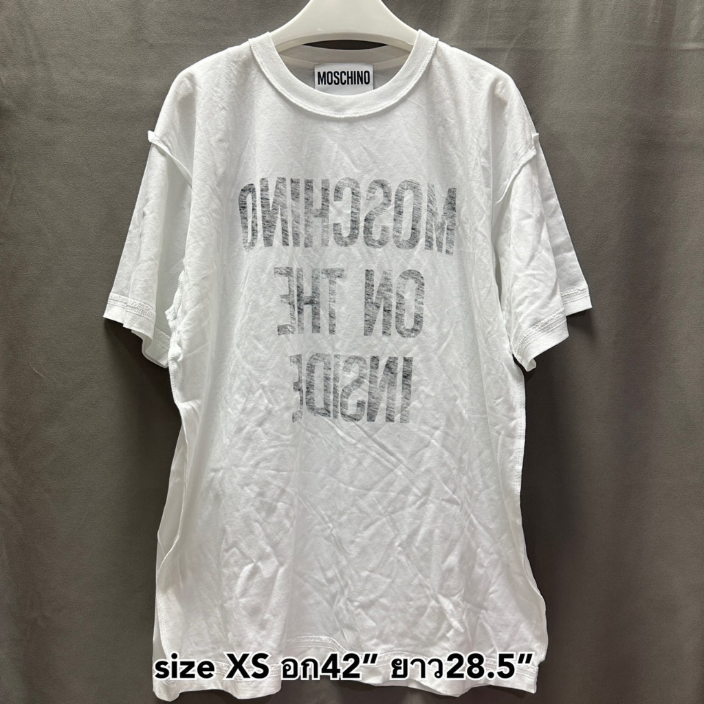 SALE Moschino tee t-shirt เสื้อยืด oversize slogan inside out unisex มอสชิโน่ ของแท้ โอเวอร์ไซส์ สีขาว แบรนด์เนม