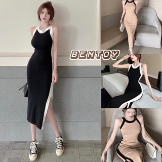 bentoy(7701)ชุดเดรส เดรสยาว ผ่าข้าง แขนกุด รัดรูป คอกลม เก๋ๆ