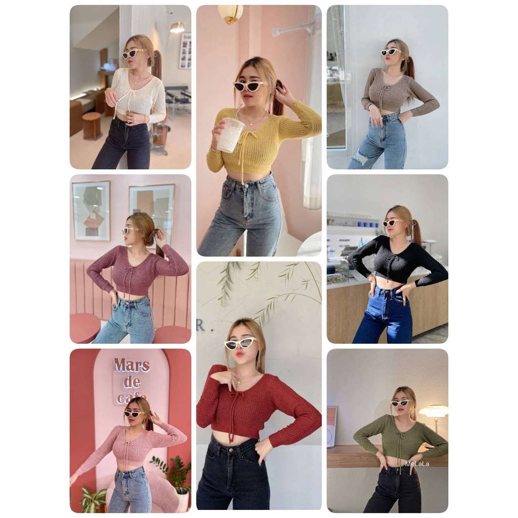 เสื้อครอปไหมพรมแขนยาว คอวี ขนาดฟรีไซส์ มี 8 สีให้เลือก