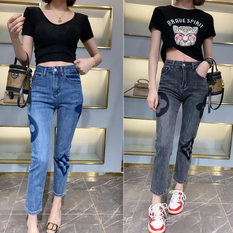 beautified กางเกงยีนส์ขายาวผ้ายืด  เอวสูง สาวอวบ เข้ารูป เย็บปักถักร้อย สลิมฟิต ซักไม่หด