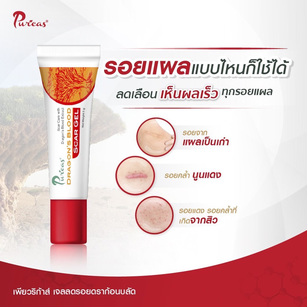 Puricas dragon ‘s blood scar gel เพียวริก้าส์ เจลลดรอยแผลเป็น รอยสิว รอยดำ คีลอยด์ รอยแดง ผิวแพ้ง่าย ราคา ถูกที่สุด ดีลบีเคเค แกลเลอรีภาพที่ 6