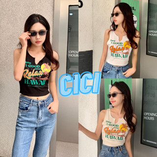 Cici(NO.J557)เสื้อครอปแขนกุด คอวีพริ้วๆ พิมพ์ลาย Have A GOOD TIME