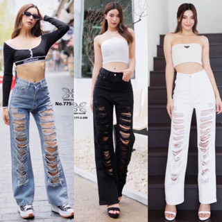 Order Volume jeans กางเกงยีนส์เอวสูงทรงขากระบอกใหญ่แต่งขาดเยอะขาดเซอร์ jeansdede