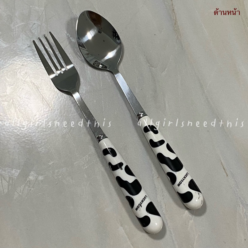 (ราคาคู่ละ 29฿) 🥄  ช้อนส้อมลายน้องวัวสีขาวดำ ❌เป็นตำหนิ❌ มาจากโรงงาน ลายวัวน่ารัก