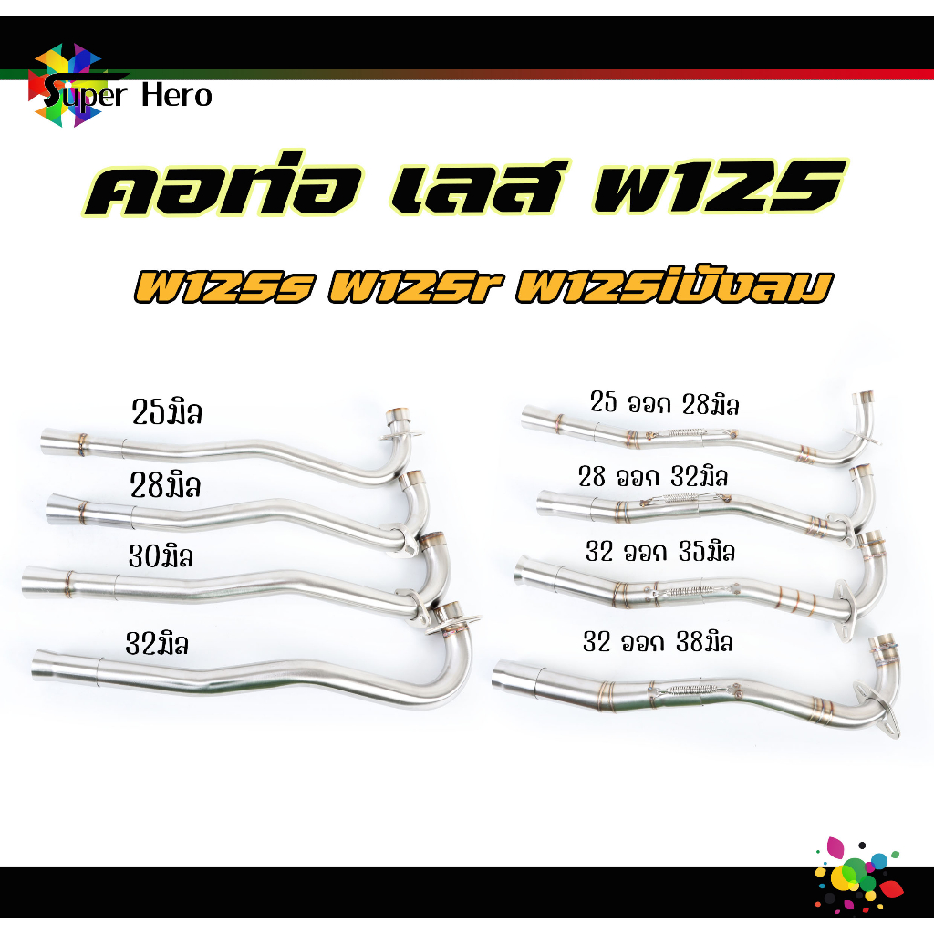 คอท่อเลสW125s w125r w125iบังลม เลสแท้ 1ท่อน/2ท่อนพร้อมสลิปออน 25มิล /28มิล / 30มิล / 32มิล /คอ25ออก2