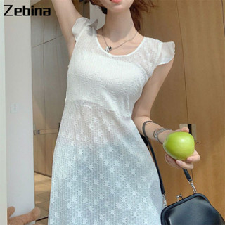 Zebina ชุดเดรสเกาหลีหญิงขนาดเล็กดีไซน์เก๋สม็อคลูกไม้สีขาว