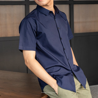 TWENTYSECOND เสื้อเชิ้ตแขนสั้น ผ้าคอตต้อน รุ่น Plain Short Sleeves shirt - สีกรม / Navy