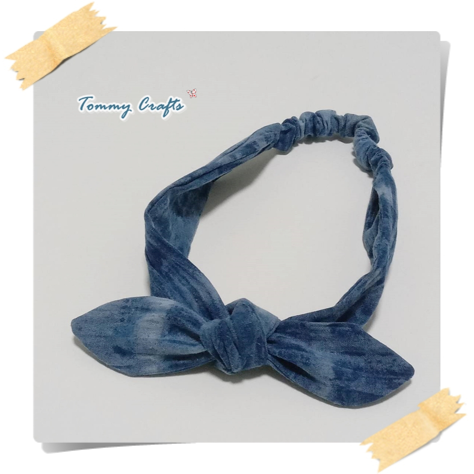 ผ้าคาดผมโบ โบว์คาดผม ผ้าฝ้ายมัดย้อมคราม ที่คาดผม แฮนด์เมด Tie dye cotton Hairband