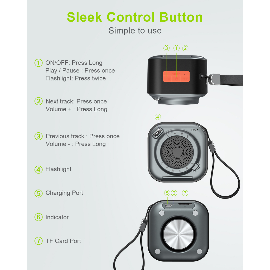 EWA A110ลำโพงบลูทูธ ลำโพงบลูทูธไร้สาย 5W แบบพกพา ฟังก์ชั่นไฟฉาย สำหรับการเดินทาง、ที่บ้าน、งานปาร์ตี้