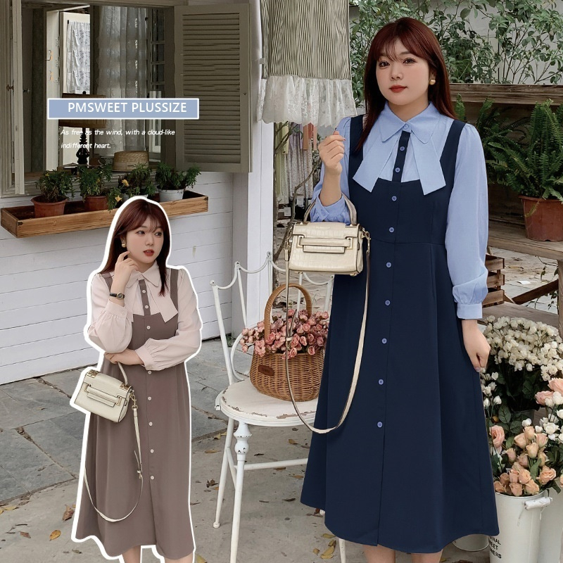 [ 🔥อกถึง 50" ] : PMP2101 : พรีออเดอร์ เสื้อผ้าไซส์ใหญ่ คนอ้วน สาวอวบ ชุดเดรสคอปก เดรสชีฟอง