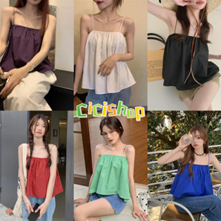 Cicishop(J3098)เสื้อครอปสายเดี่ยวสีพื้น ดีเทลสม็อกรอบอก สไตล์Minimal