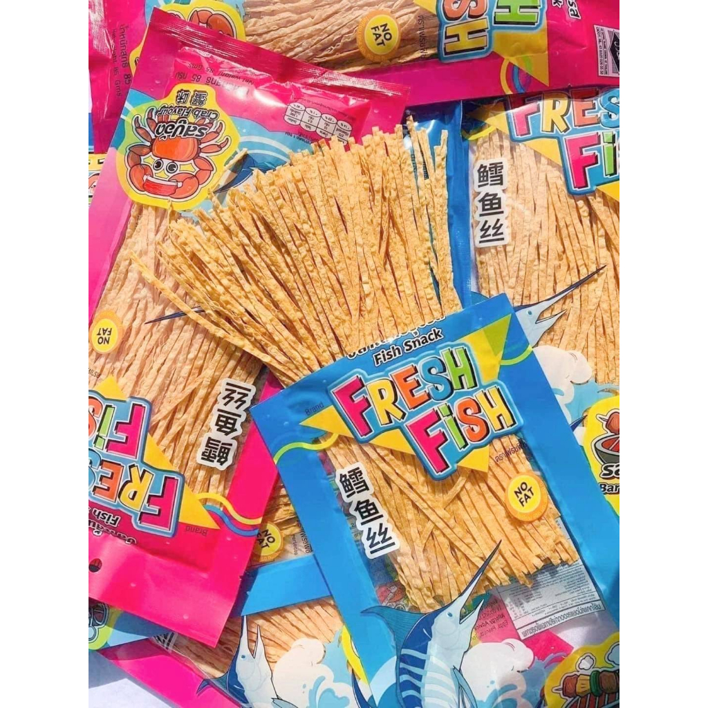 ปลาเส้นปรุงรส Fresh Fish (เฟรชฟิช) ปลาเส้นทาโร่แสนอร่อย ได้ประโยชน์จากเนื้อปลา มี 2 รส รสบาบีคิว รสปูอัด ขนาด 80 กรัม