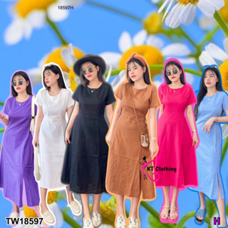 👗Pfashion [ส่งไวมาก🚛]  P18597 แม็กซี่เดรส ยาว งานผ้าทอลายสีพื้น ผ่าหน้า