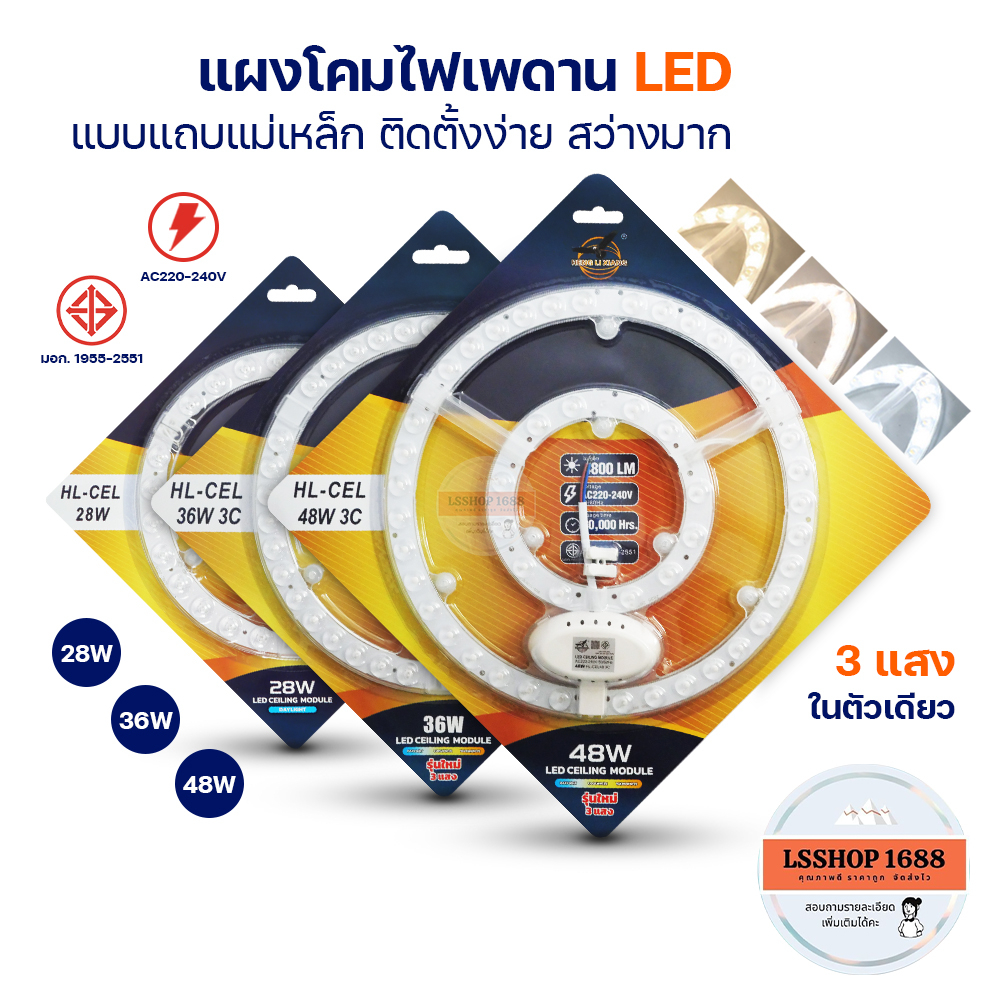 แผงไฟ LED สำหรับโคมเพดาน โคมซาลาเปา แถบแม่เหล็ก แสงไฟสีขาว แสงไฟ 3 สีในตัวเดียว 28W/36W/48W มีมอก.