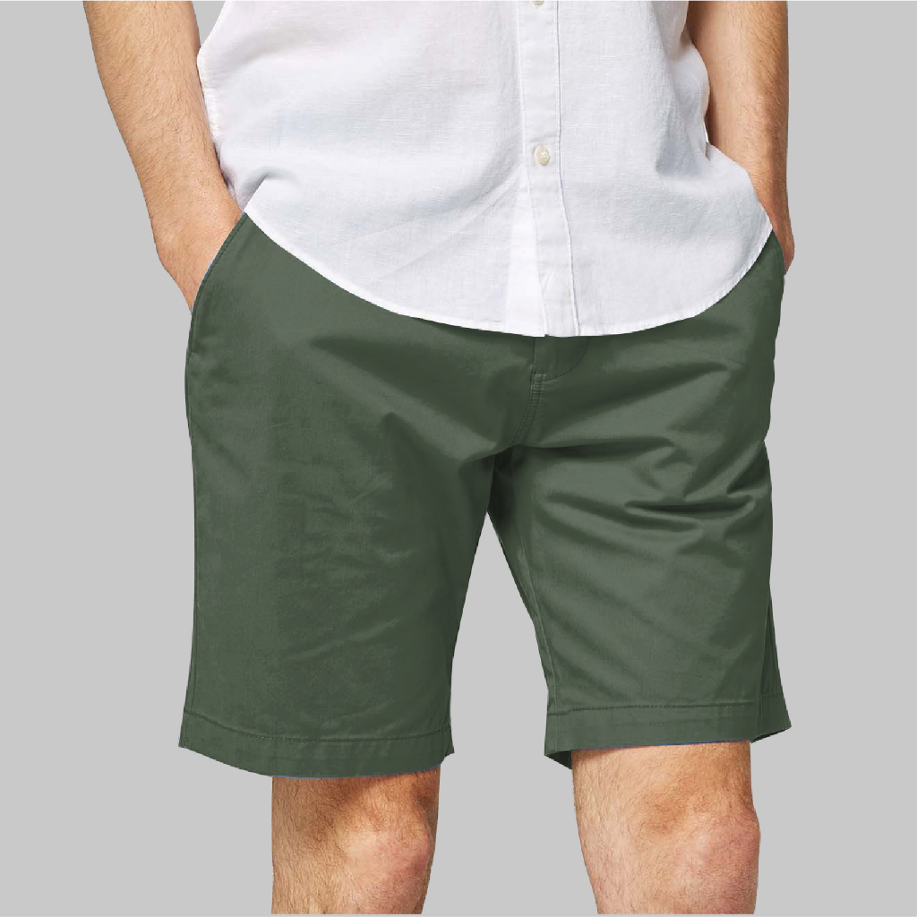กางเกงขาสั้นผู้ชาย สีเขียวขี้ม้า (เอวตะขอ) // ทรงกระบอกเล็ก // Size 28" - 44" (ไซส์มาตราฐาน)