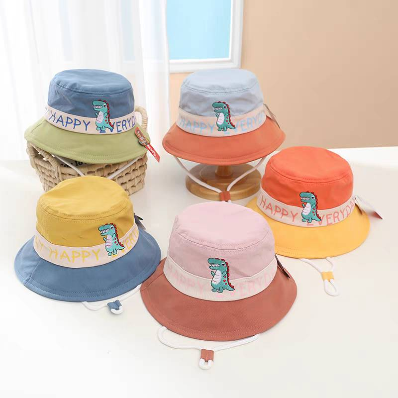 [พร้อมส่ง] หมวกเด็ก 10เดือน-5ปี รอบหัว:50-52 cm. หมวกบักเก็ต (bucke) สีพาสเทล ผ้าสลับสี ปักลายไดโนเสาร์ หมวกแฟชั่นเด็ก