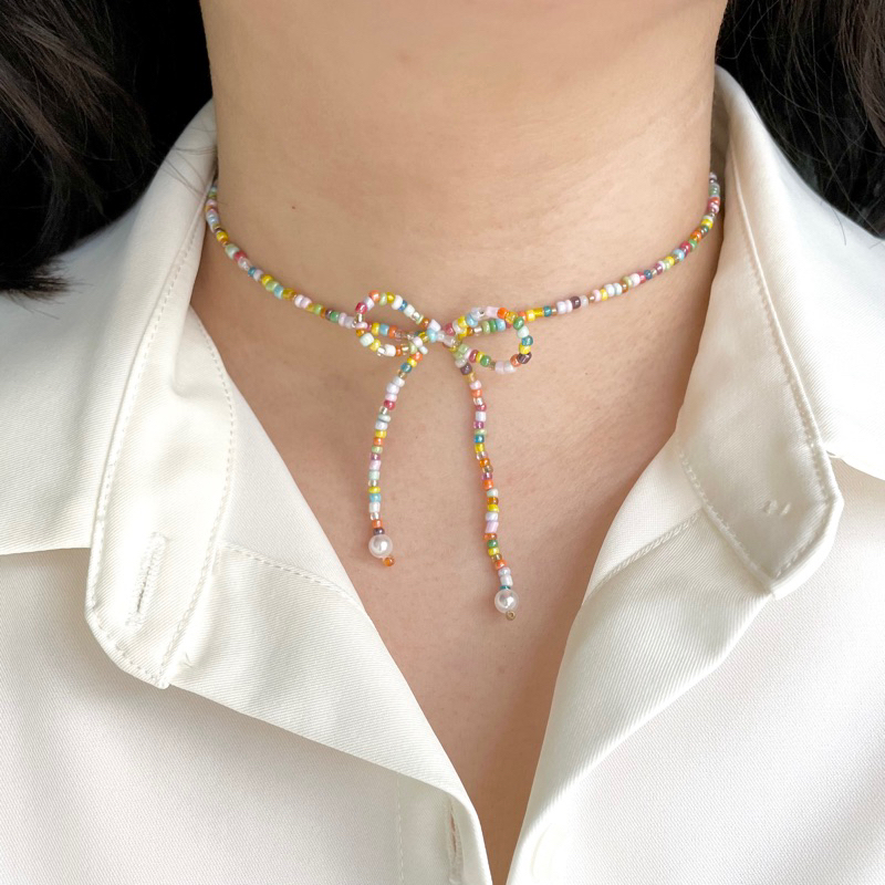 โชคเกอร์ลูกปัด รูปโบว์ น่ารัก สีเงินใส หลากสี สร้อยลูกปัด Cute Bow Choker Necklace