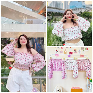 เสื้อปาดไหล่ แขนยาว ลายดอกทิวลิป🌷🦩✨น่ารักมากๆ ละมุนสุดๆ เสื้อผ้าสาวอวบอ้วน พลัสไซส์ ไซส์ใหญ่