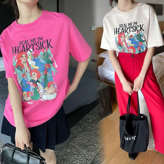 เสื้อยืดลายการ์ตูนผู้หญิงน่ารักๆ Oversize เสื้อผ้าแฟชั่นวินเทจ สีครีม สไตล์​เกาหลี เสื้อโอเวอร์ไซต์สกําลังฮิตใหม่ล่าสุด
