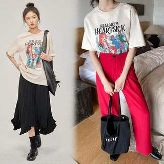 เสื้อยืดลายการ์ตูนผู้หญิงน่ารักๆ Oversize เสื้อผ้าแฟชั่นวินเทจ สีครีม สไตล์​เกาหลี เสื้อโอเวอร์ไซต์สกําลังฮิตใหม่ล่าสุด