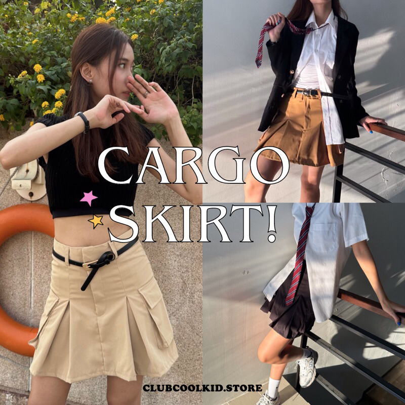 new! กระโปรงสั้น (cargo skirt) มีกระเป๋าข้าง จีบหน้าหลัง