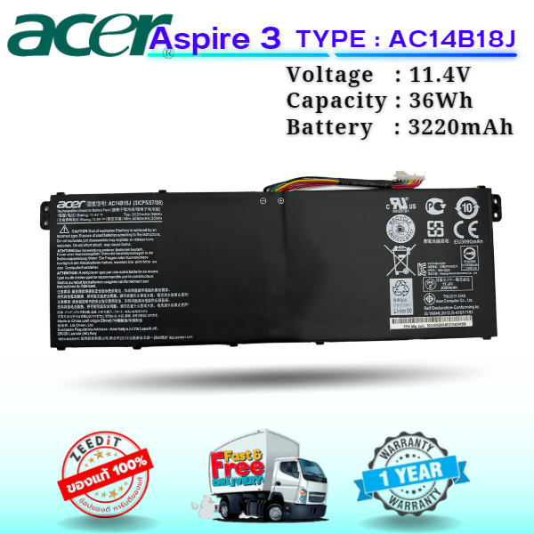 แบตเตอรี่ โน๊ตบุ๊ค Compatible with for Aspire 3 A315-55G ES1-571 E3-111 V3-111 Series TravelMate B115-M Chromebook 11 AC