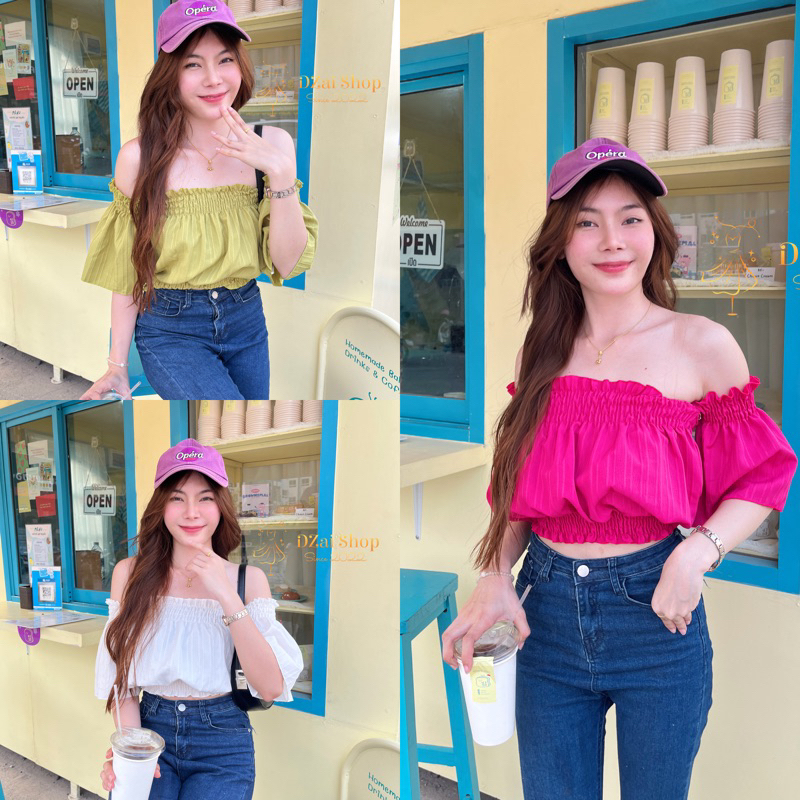 Dzaishopปังมากกก❤️เสื้อครอปเปิดไหล่งานเกาะอก ทรงแขนกระดิ่ง รุ่นฮิตขายดี‼️
