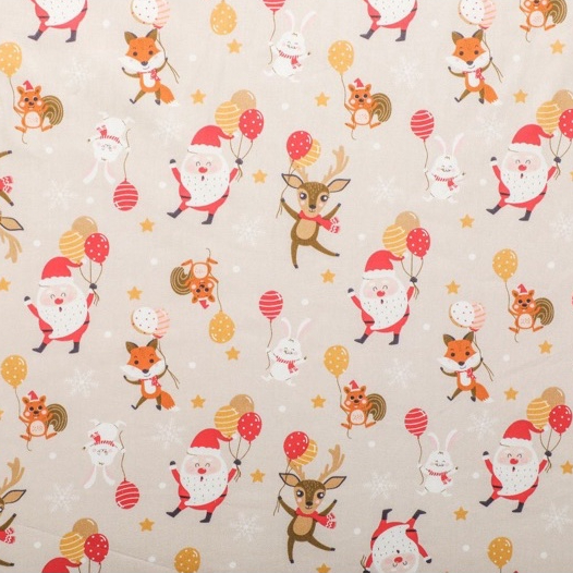 ผ้าคอตตอน 100%  พิมพ์ลาย เท็ดดี้ กวาง ซานตาคลอส  คลื่นเหลือง ทอทวิล หน้ากว้าง 160 ซม.หรือ 63 นิ้ว