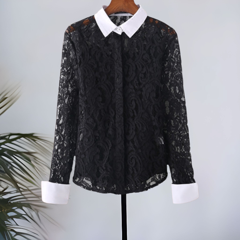 Blouse3661 เสื้อลูกไม้แขนยาวสีดำ ตัดต่อคอปกเชิ้ตสีขาว กระดุมผ่าหน้า ผ้าลูกไม้คอตตอนเนื้อดีหนาสวย