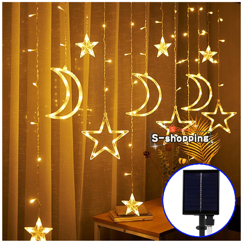 SALE--Warm White ไฟผ้าม่าน Star+Moon 3.5m 120led 8โหมด ไฟตกแต่งบ้าน ใช้พลังงานแสงอาทิตย์โซล่าเซลล์ เพิ่มความสวยงาม
