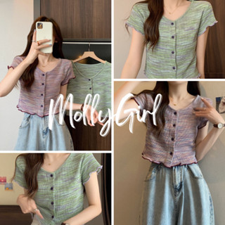 Mollygirl เสื้อครอป ผ้ายืด กระดุม มาใหม่พร้อมส่ง 5532#