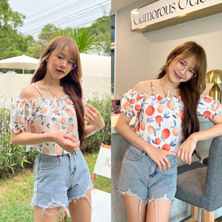 เสื้อปาดไหล่ส้ม🧡 มีสาย ดีเทลผูกโบว์ 🎀