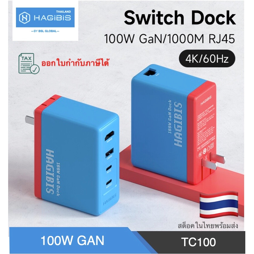 ออกใบกำกับภาษีได้ Hagibis TC-100 Switch Dock 100W GaN 4K HDMI-compatible RJ45 Portable Docking for N