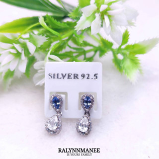 H6417 ต่างหูพลอยไพลินเผาเก่า,เพทายแท้ ( Blue sap.,Zircon ) แบบก้านเสียบ ตัวเรือนเงินแท้ 925 ชุบทองคำขาว