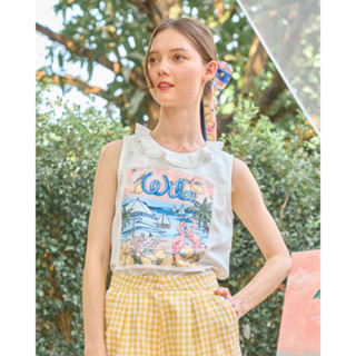 Wila-Riviera Top เสื้อแขนกุดสีขาวทรงตรงยาว คอกลมแต่งระบาย ธีมลายมะนาวที่ด้านหน้า