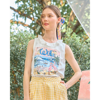 Wila-Riviera Top เสื้อแขนกุดสีขาวทรงตรงยาว คอกลมแต่งระบาย ธีมลายมะนาวที่ด้านหน้า