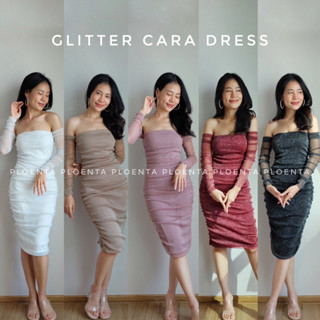 Glitter Cara dress เดรสยาวคลุมเข่า ดีเทลเกาะอกต่อแขน ผ้าทอกลิตเตอร์ทั้งตัว