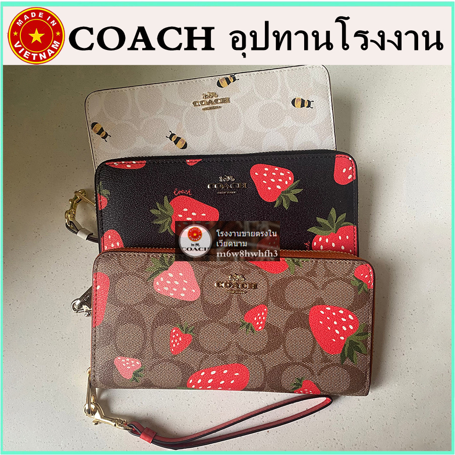 (จัดส่งฟรี) ของแท้ 100% COACH กระเป๋าสตางค์ใบยาว กระเป๋าสตางค์คล้องมือใหม่ กระเป๋าสตางค์ลายสตรอว์เบอร์รี