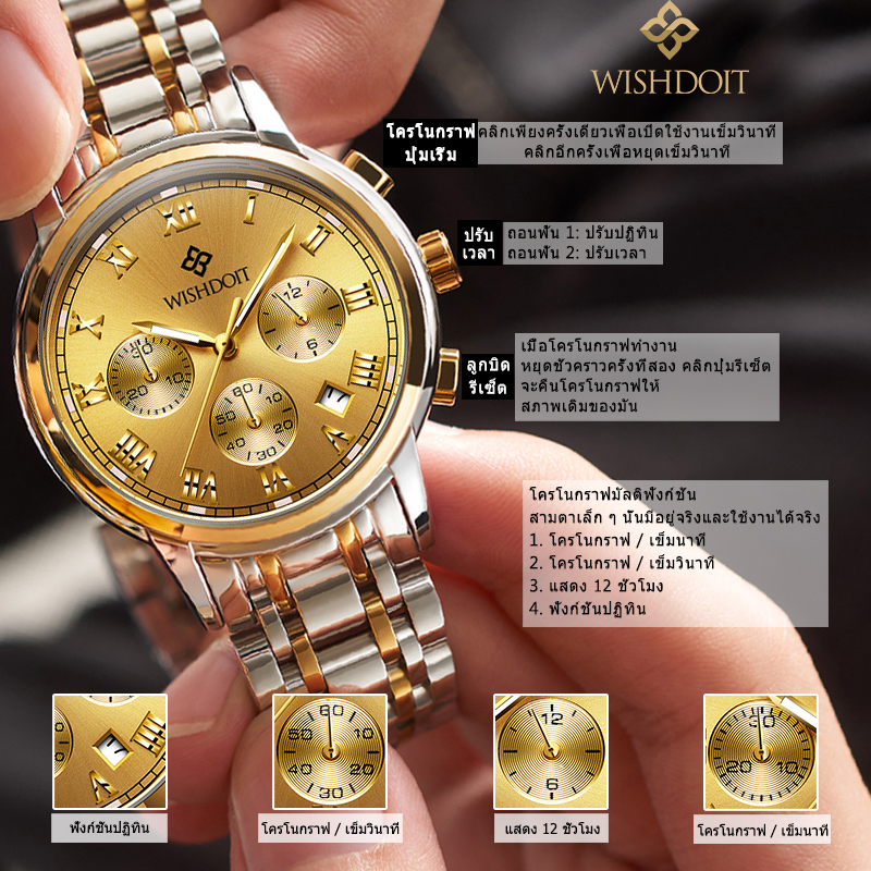 WISHDOIT กันน้ำ 100% สายนาฬิกาสแตนเลส รับประกัน 3 ปี ตัวเลือกแรกสำหรับของขวัญวันหยุด นาฬิกาผู้ชาย วัสดุคุณภาพสูง